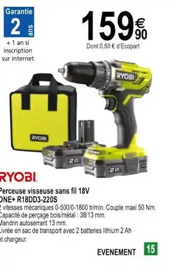 Perceuse Visseuse Sans Fil 18v One+ R18dd3-220s Ryobi