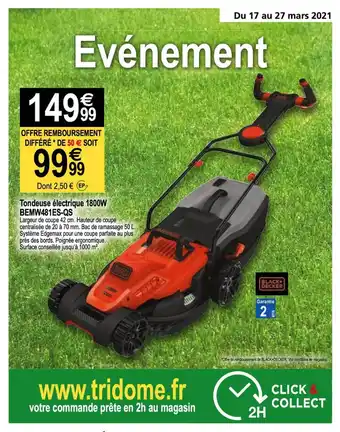 Tridôme Tondeuse électrique 1800w Bemw481es-qs Black + Decker offre