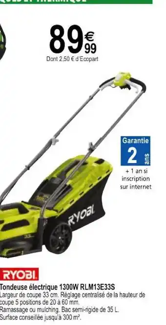 Tridôme Tondeuse électrique 1300w Rlm13e33s Ryobi offre