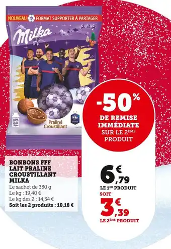 Super U Milka bonbons fff lait praline croustillant offre