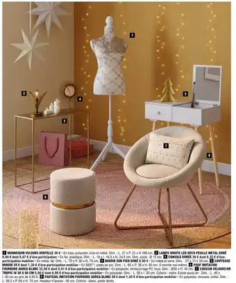 E.Leclerc Mannequin velours dentelle, lampe droite led feuille métal doré, console dorée, miroir sur pied doré, coiffeuse miroir, pouf offre