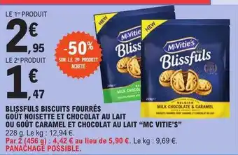 E.Leclerc Blissfuls biscuits fourrés goût noisette et chocolat au lait ou goût caramel et chocolat au lait offre
