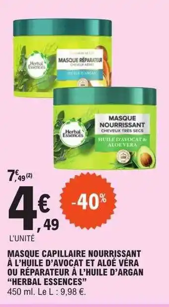 E.Leclerc Masque capillaire nourrissant à l'huile d'avocat et aloé véra ou réparateur à l'huile d'argan offre