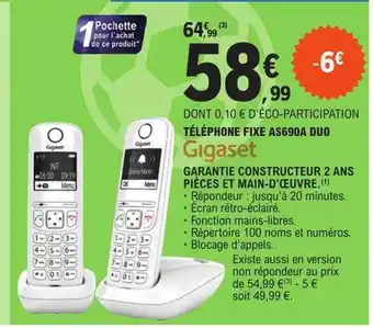 E.Leclerc Téléphone fixe as690a duo gigaset offre