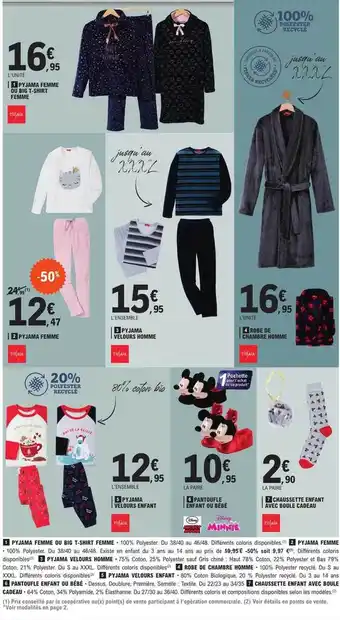 E.Leclerc Pyjama femme ou big t-shirt femme, pyjama femme, pyjama velours homme, robe de chambre homme, pyjama velours enfant, chausset offre