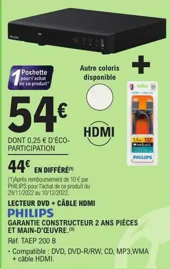 E.Leclerc Lecteur dvd + câble hdmi philips offre