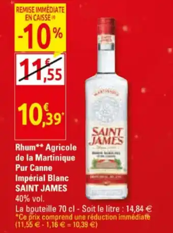 Diagonal Rhum agricole de la martinique pur canne impériale blanc SAINT JAMES offre