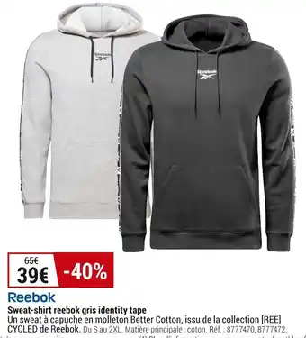 Decathlon Reebok sweat-shirt gris identity tape offre