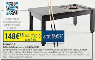 Decathlon Pongori table de billard convertible bt 600 us offre