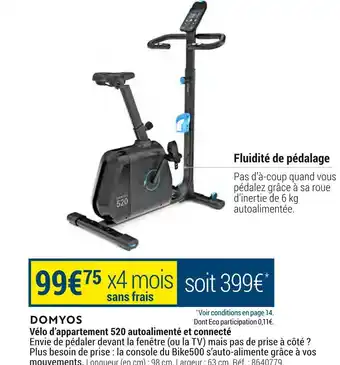 Decathlon Domyos vélo d’appartement 520 autoalimenté et connecté offre