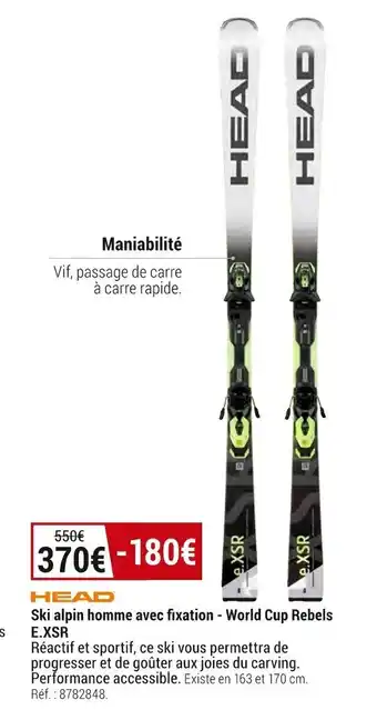 Decathlon Head ski alpin homme avec fixation - world cup rebels e.xsr offre