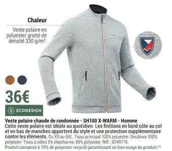 Decathlon Veste polaire chaude de randonnée - sh100 x-warm - homme offre