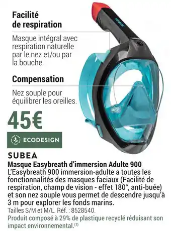 Decathlon Subea masque easybreath d’immersion adulte 900 offre
