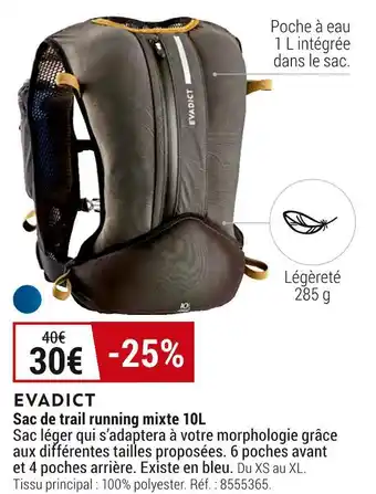Decathlon Evadict sac de trail running mixte 10l offre