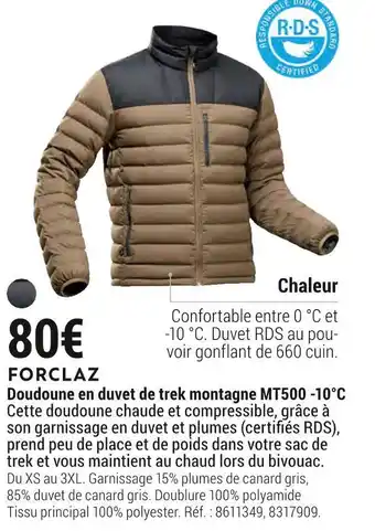 Forclaz doudoune en duvet de trek montagne mt500 -10°c