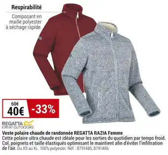 Decathlon Regatta veste polaire chaude de randonnée regatta razia femme offre