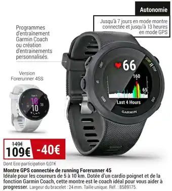Decathlon Montre gps connectée de running forerunner 45 offre