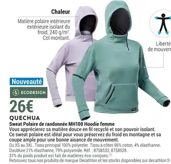 Decathlon Quechua sweat polaire de randonnée mh100 hoodie femme offre