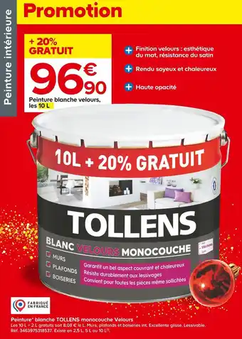 Castorama Tollens peinture blanche monocouche velours offre