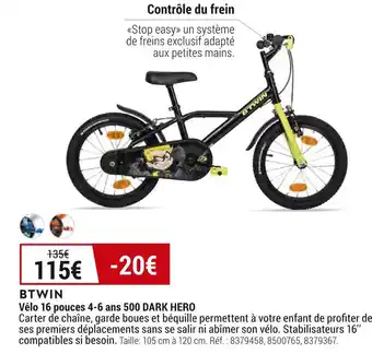 Decathlon Btwin vélo 16 pouces 4-6 ans 500 dark hero offre