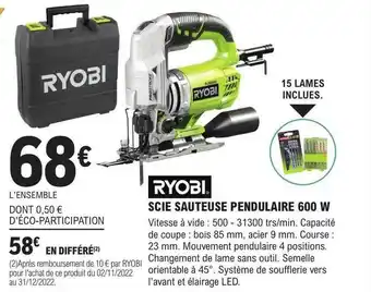 E.Leclerc Brico Scie sauteuse pendulaire 600 w ryobi offre