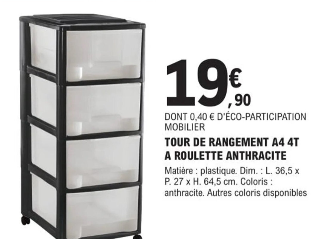 Promo Tour de Rangement A4 4T A Roulette Anthracite chez E.Leclerc Brico