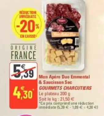 G20 Mon Apero Duo Emmental & saucisson Sec Gourmets Charcutiers offre