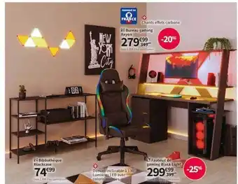 Conforama Bureau gaming axyon, bibliothèque blackcase, fauteuil de gaming black light offre