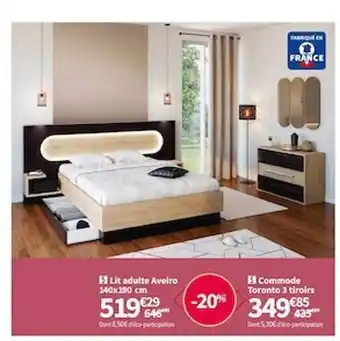 Conforama Lit adulte aveiro 140 x 190 cm, commode toronto 3 tiroirs offre