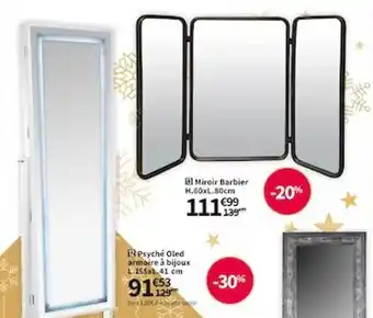 Conforama Miroir barbier h.60 x l.80 cm, psyché oled armoire à bijoux l.155 x l.41 cm offre