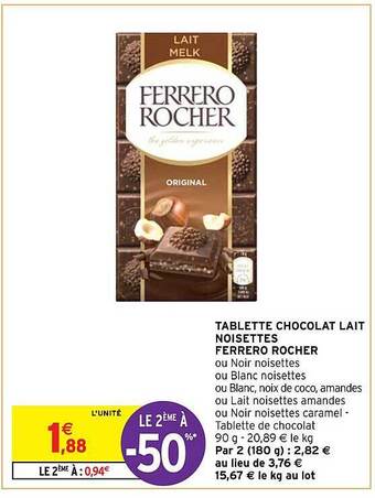 Tablette chocolat lait noisettes ferrero rocher