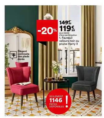 BUT Fauteuil velours noir ou prune harry ii offre