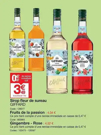 Promocash Sirop fleur de sureau giffard, fruits de la passion, gingembre - rose offre