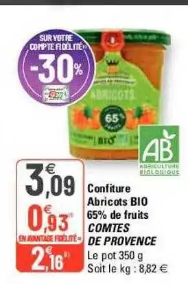 G20 Confiture abricots bio 65% de fruits comtes de provence offre