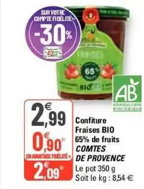 G20 Confiture fraises bio 65% de fruits comtes de provence offre