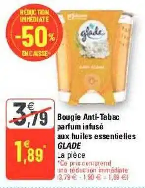 G20 Bougie anti-tabac parfum infusé aux huiles essentielles glade offre