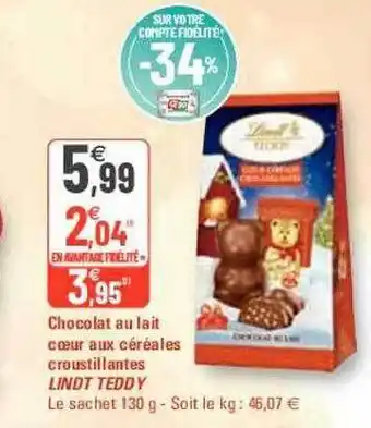 Chocolat au lait cœur aux céréales croustillantes lindt teddy