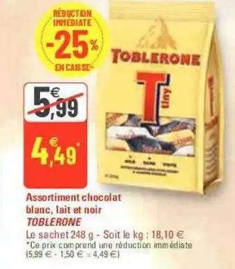 G20 Assortiment chocolat blanc, lait et noir toblerone offre