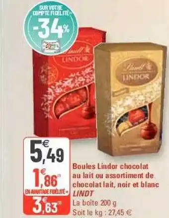 G20 Boules lindor chocolat au lait ou assortiment de chocolat lait, noir et blanc lindt offre
