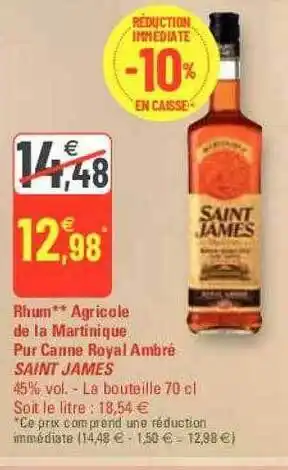 G20 Rhum agricole de la martinique pur canne royal ambré saint james offre