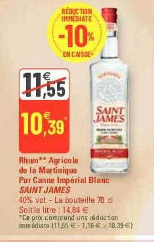 G20 Rhum agricole de la martinique pur canne impérial blanc saint james offre
