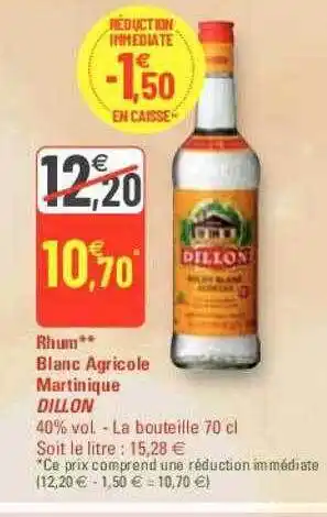 G20 Rhum blanc agricole martinique dillon offre