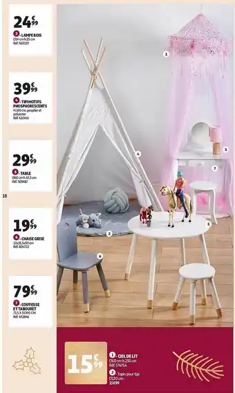 Auchan Lampe bois, tipi motifs phosphorescents, table, chaise grise, coiffeuse et tabouret, ciel de lit offre