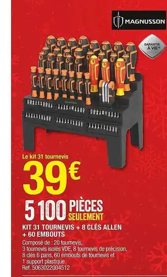 Brico Dépôt Kit 31 tournevis + 8 clés allen + 60 embouts magnusson offre