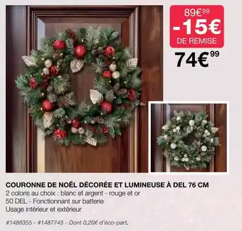 Costco Couronne de noël décorée et lumineuse à del 76 cm offre
