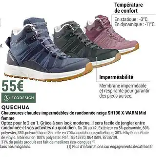 Decathlon Chaussures chaudes imperméables de randonnée neige sh100 x-warm mid femme quechua offre