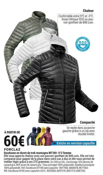 Decathlon Doudoune en duvet de trek montagne mt100 -5°c femme forclaz offre