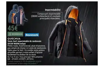 Decathlon Veste 3 en 1 imperméable de randonnée sh100 warm enfant quechua offre