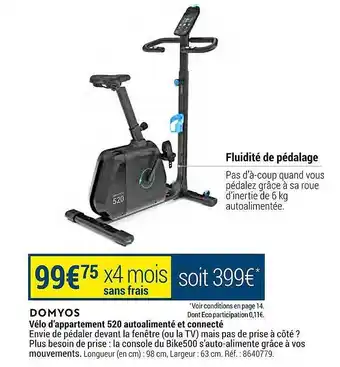Decathlon Vélo d'appartement 520 autoalimenté et connecté domyos offre