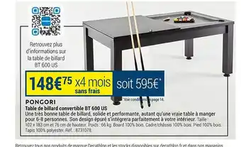 Decathlon Table de billard convertible bt 600 us pongori offre